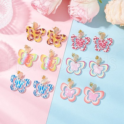 Brass Printing Acrylic Butterfly Dangle Stud Earrings EJEW-JE06431-1