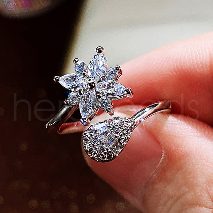Flower & Teardrop Brass Micro Pave Clear Cubic Zirconia Cuff Rings for Women FS-WG330D2-02-1