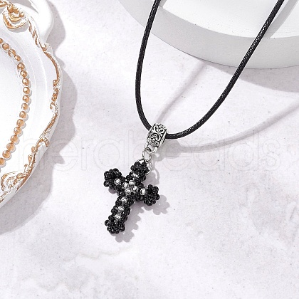 Cross Glass Sead Beaded Pendant Necklaces NJEW-MZ00093-02-1