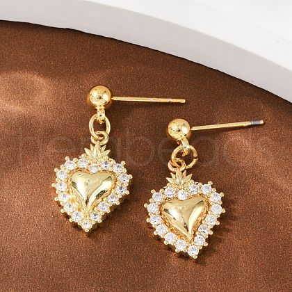 Heart Brass Micro Pave Clear Cubic Zirconia Dangle Stud Earrings EJEW-F895-14G-1