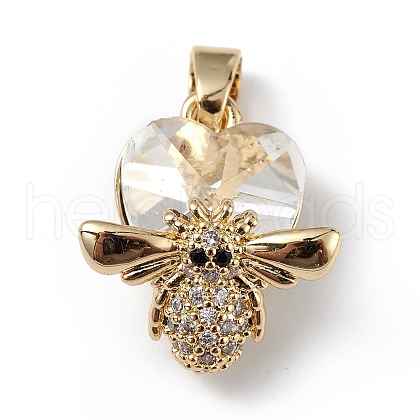 Real 18K Gold Plated Rack Plating Brass Micro Pave Clear Cubic Zirconia Pendants KK-C015-32G-09-1