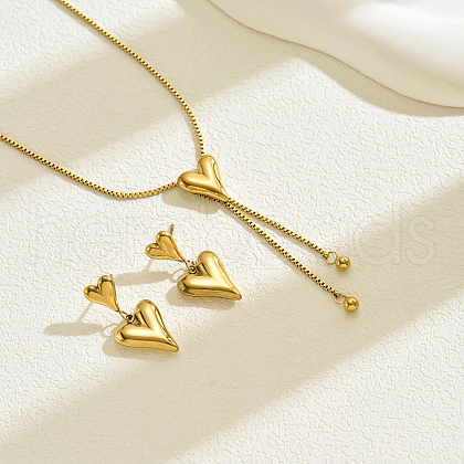 Sweet and Simple Stainless Steel Heart Tassel Stud Earrings & Necklaces Set for Women EJ7179-1