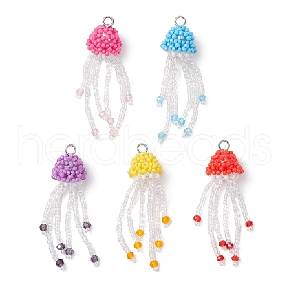 5Pcs 5 Colors Glass Seed Beaded Jellyfish Pendants PALLOY-MZ00660-1