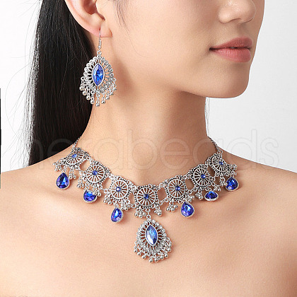 Horse Eye & Teardrop Alloy Glass Tassel Pendant Necklaces & Tassel Dangle Earrings Set for Women WG06225-02-1
