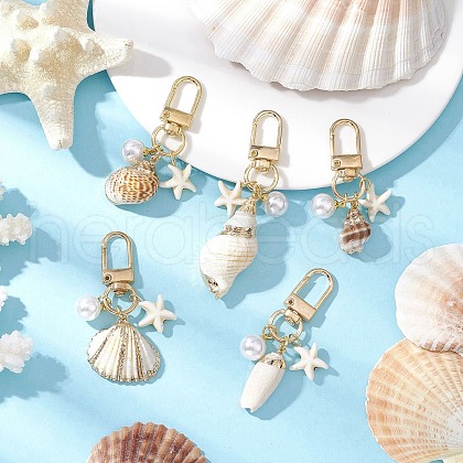 Spiral Shell & Synthetic Turquoise Starfish Pendant Decorations HJEW-JM03171-1