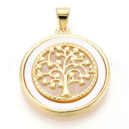 Brass Pave Natural Shell Hollow Flat Round with Tree of Life Pendants KK-N268-26G-1