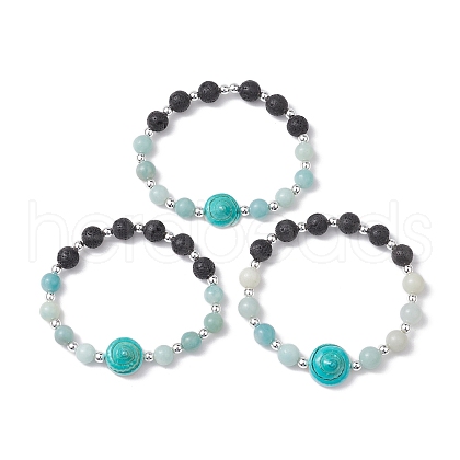 8mm Round Natural Lava Rock & Amazonite Beaded Stretch Bracelets BJEW-JB10501-1