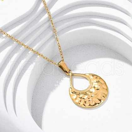 304 Stainless Steel Textured Hollow Teardrop Pendant Necklaces NJEW-H059-27G-1