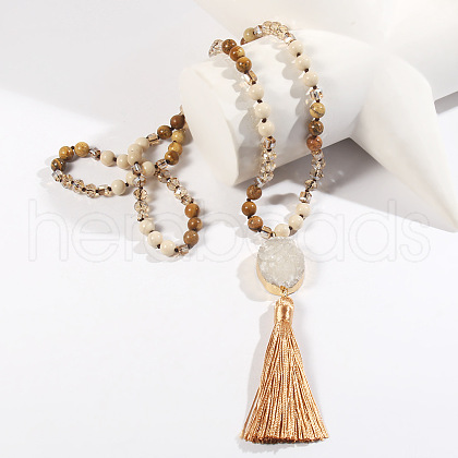 Bohemian Oval Natural Druzy Agate Tassel Pendant Necklaces FS-WGAFDEB-04-1