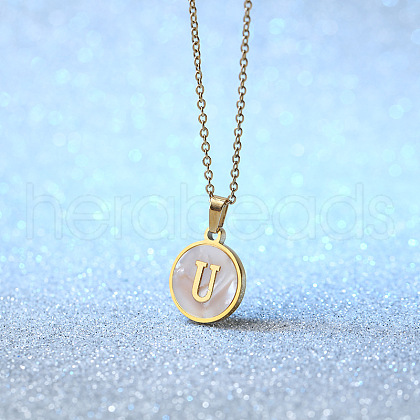 Flat Round Stainless Steel Pave Natural White Shell Initial Pendant Necklaces for Women FS-WG6FA45-21-1