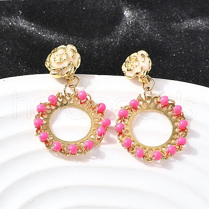 Flat Round Brass Enamel Dangle Stud Earrings EJEW-S261-01G-1