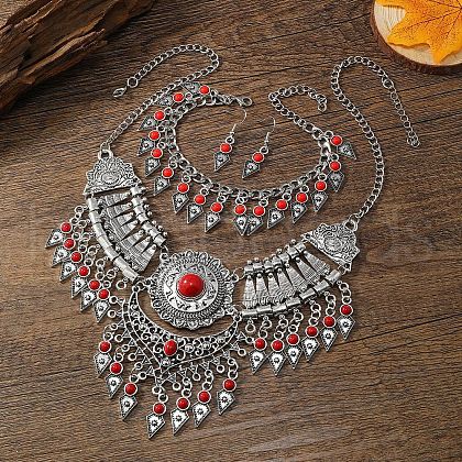 Alloy with Synthetic Turquoise Teardrop Tassel Pendant Necklaces & Dangle Earrings & Charm Bracelets Sets FS-WG69A95-06-1