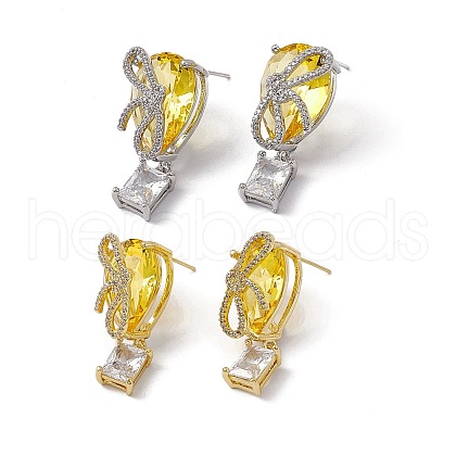 Cubic Zirconia Bowknot with Glass Teardrop Dangle Stud Earrings EJEW-M210-08-1