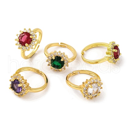 Mother's Day Rings Flower Cubic Zirconia & Glass  Open Cuff Ring RJEW-U003-18-1