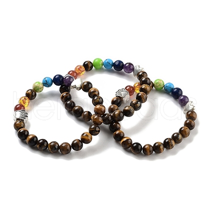 Chakra Round Natural Tiger Eye Beaded Stretch Bracelets BJEW-K251-05D-1