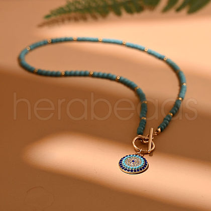 Matal Rhinestone Eye Pendant Dyed Synthetic Turquoise Round Beaded Necklaces for Women FS-WG1E54E-02-1