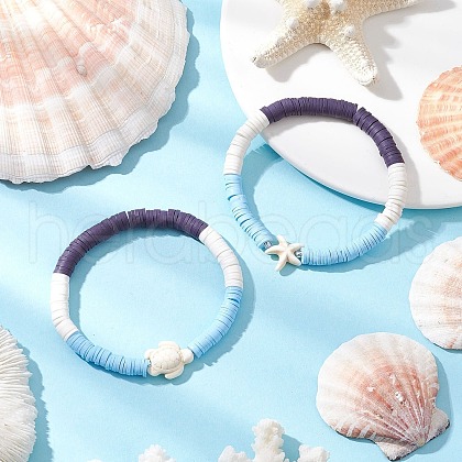 2Pcs Flat Round Handmade Polymer Clay Heishi Beaded Stretch Bracelets BJEW-JB11802-1