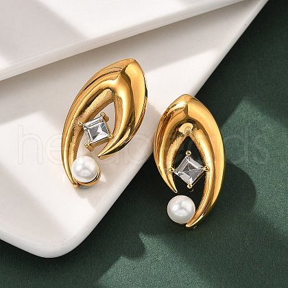 304 Stainless Steel Shell Pearl Stud Earrings EJEW-U051-08G-1