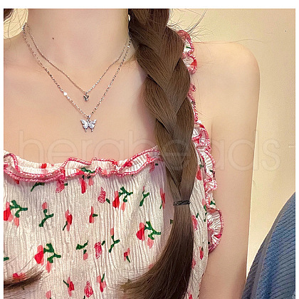 Butterfly Alloy Crystal Rhinestone Pendant Double Layer Necklaces for Women WGB64F3-01-1