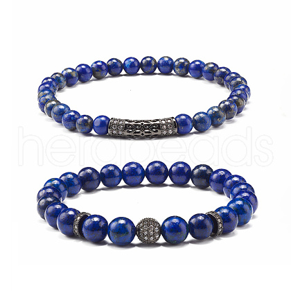 Natural Lapis Lazuli(Dyed) Round Beads Stretch Bracelets Set BJEW-JB06980-03-1