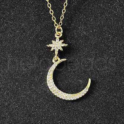 Brass Micro Pave Clear Cubic Zirconia Star Moon Pendant Necklaces for Women NJEW-D311-02F-G-1