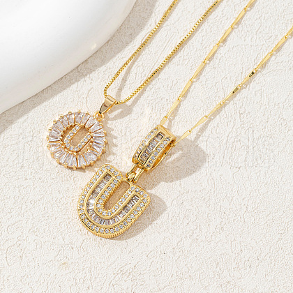 2Pcs 2 Styles Brass Pave Clear Cubic Zirconia Initial Pendant Necklace Sets FS-WGBC393-21-1