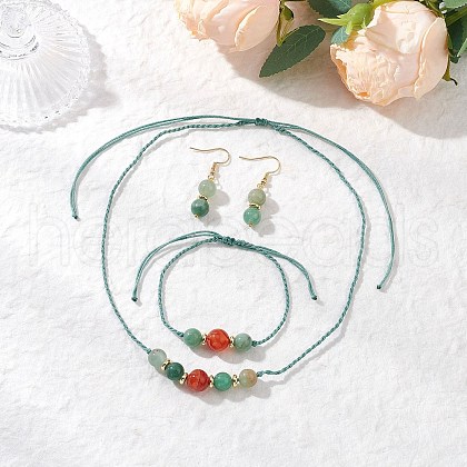 Round Natural Banded Agate & Green Aventurine Beaded Necklace & Bracelet & Dangle Earring Sets SJEW-JS01327-1