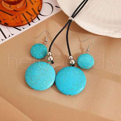 Alloy & Synthetic Turquoise & Imitation Leather Cord Pendant Necklaces & Dangle Earrings Sets FS-WG3CE4D-02-1