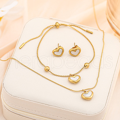 Heart Stainless Steel & Natural Shell Pendant Necklaces & Stud Earrings & Charm Bracelets Sets for Women WG52748-01-1