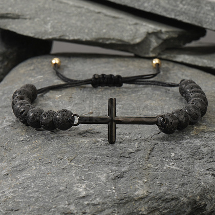 Natural Lava Rock Round Bead Braided Bead Bracelets FL7803-1-1