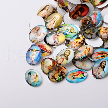Jesus and the Virgin Printed Glass Oval Cabochons GGLA-N003-13x18-A-1