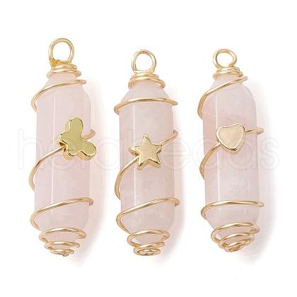 3Pcs 3 Styles Natural Rose Quartz Copper Wire Wrapped Pointed Pendants PALLOY-JF02460-01-1