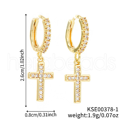 Shiny Brass Pave Cubic Zirconia Cross Hoop Earrings LO7750-1-1