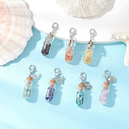 Chakra Natural Lapis Lazuli & Amethyst & Carnelian & Citrine & Garnet & Green Aventurine & Synthetic Turquoise Chips inside Glass Wishing Bottle Pendant Decoration HJEW-JM03310-1
