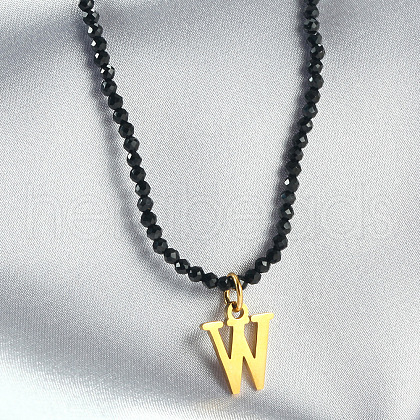 304 Stainless Steel Initial Pendant Black Glass Faceted Round Beaded Pendant Necklaces for Women FS-WGC61DE-23-1