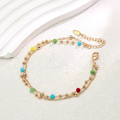 Fashionable Vintage Style Brass & Faceted Glass Rondelle Beads Double Layer Adjustable Ladies Anklets FX2573-4-1