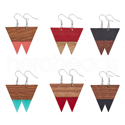 6 Pair 6 Style Resin & Wood Dangle Earrings with Iron Pins EJEW-AB00036-1