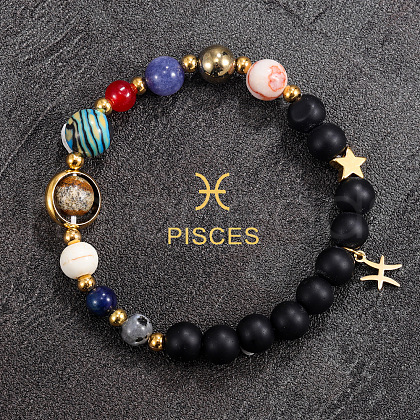12 Zodiac Sign Natural Black Obsidian Round Beads & Synthetic Mixed Gemstone Beads Charm Bracelets for Men Women WG666A9-07-1