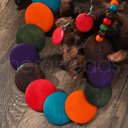 Bohemian Ethnic Style Wood Beaded Multilayer Necklaces & Dangle Earrings Sets WG82ABA-07-1