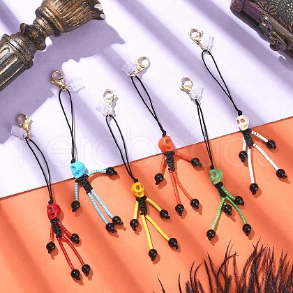 Halloween Theme Skeleton Glass Seed & Natural Black Onyx & Synthetic Turquoise Beaded Pendant Decorations HJEW-MZ00284-1