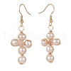 Natural Shell & Rose Quartz Braided Cross Dangle Earrings EJEW-JE04954-03-2