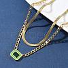 304 Stainless Steel Rhinestone Rectangle Pendant Double Layer Necklaces for Women NJEW-Z070-01G-02-2