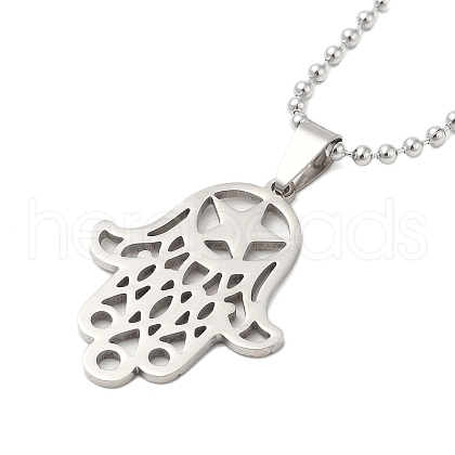 Non-Tarnish Religion 304 Stainless Steel Ball Chain Star Hamsa Hand Pendant Necklaces for Women Men NJEW-U005-05P-1