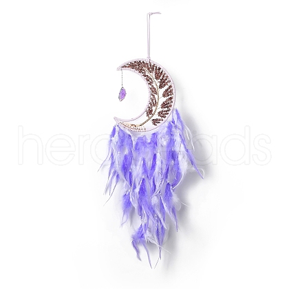 Natural Strawberry Quartz Chips Beaded Tree of Life Moon with Feather Pendant Decorations HJEW-M004-06-1