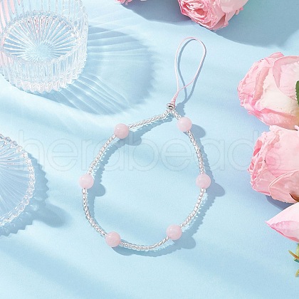 Natural Rose Quartz & Glass Seed Round Beaded Phone Hand Strap Chains HJEW-JM03363-03-1