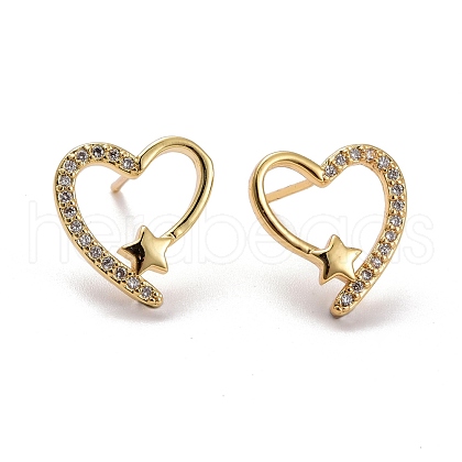 Heart & Star Brass Micro Pave Clear Cubic Zirconia Ear Studs KK-K258-30G-RS-1