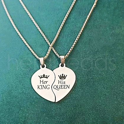 2Pcs Heart with Word King Queen Alloy Split Pendant 201 Stainless Steel Box Chain Necklaces for Couple FS-WG4F8D3-01-1