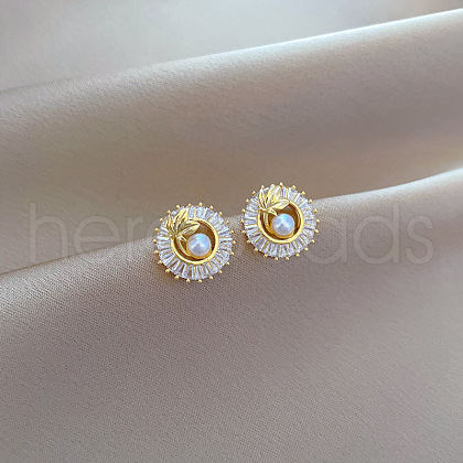 Ring with Leaf Pattern 304 Stainless Steel Clear Cubic Zirconia Stud Earrings FS-WGF5EEF-02-1
