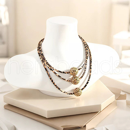 Round Wood Beads 3 Layer Leopard Print Imitation Leather Cord Necklaces for Women FS-WG710D0-01-1