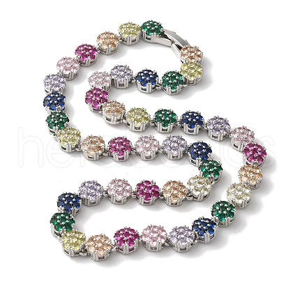 Rack Plating Brass Pave Cubic Zirconia Flower Link Necklaces for Women NJEW-B108-01P-03-1